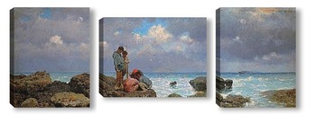  .Дети на рыбалке в заливе Палермо, на фоне горы Пеллегрино