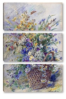 Модульная картина Корзина с полевыми цветами и две бабочки