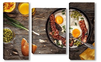 Модульная картина Завтрак. глазунья с беконом, зелёным горошком и свежевыжатым  апельсиновым соком.
