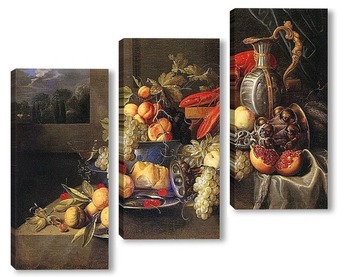 Модульная картина Натюрморт с фруктами,омаром и хлебом
