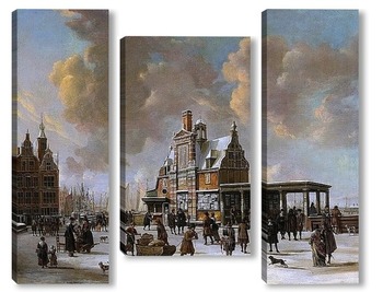 Модульная картина Полюс дом и новый мост в Амстердаме зимой