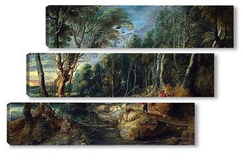 Модульная картина Пастырь с паствой в древесном пейзаже