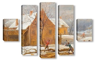 Модульная картина Зимний пейзаж с видом на село с лесорубами
