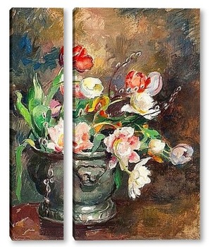 Модульная картина Натюрморт с тюльпанами и ветками ивы