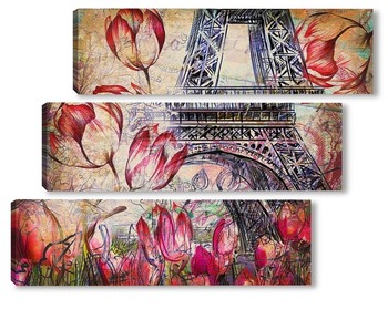 Модульная картина Эйфелева башня с тюльпанами