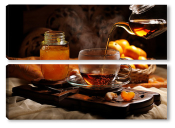 Модульная картина Чай с мандариновым конфитюром на деревянном фоне