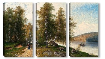 Модульная картина Березы на берегу озера в летнее время