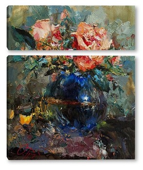 Модульная картина Розы в синей вазе
