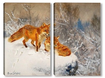 Модульная картина Две лисы в зимний пейзаж