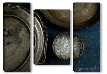 Модульная картина натюрморт с серебряной посудой и солью