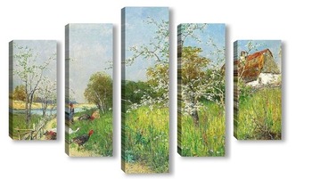 Модульная картина Пейзаж с женщиной, птицами и цветущими фруктовыми деревьями