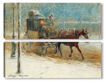 Модульная картина Зимний пейзаж с бульваром и запряженной лошадью