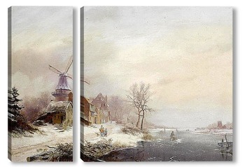 Модульная картина Зимний пейзаж, мельница