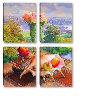 Модульная картина Натюрморт с раковиной розами и персиком.