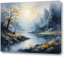   Картина Умиротворение. Туманные скалы и золотое дерево у воды