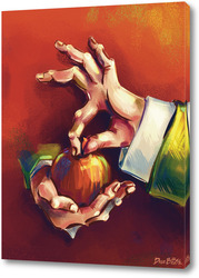   Постер  Выразительные руки, держащие яблоко на терракотовом фоне, натюрморт