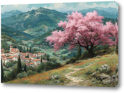   Картина Цветущий миндаль над горной деревней