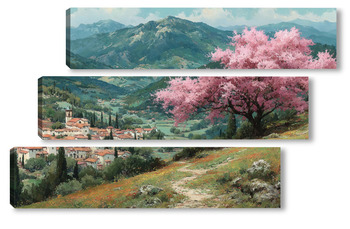Модульная картина Цветущий миндаль над горной деревней