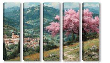 Модульная картина Цветущий миндаль над горной деревней