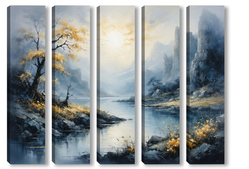 Модульная картина Умиротворение. Туманные скалы и золотое дерево у воды