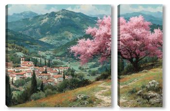 Модульная картина Цветущий миндаль над горной деревней