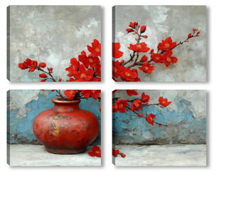 Модульная картина Алая ветвь в терракотовой вазе