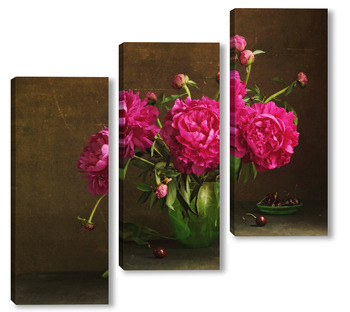 Модульная картина Красные пионы в зеленой вазе
